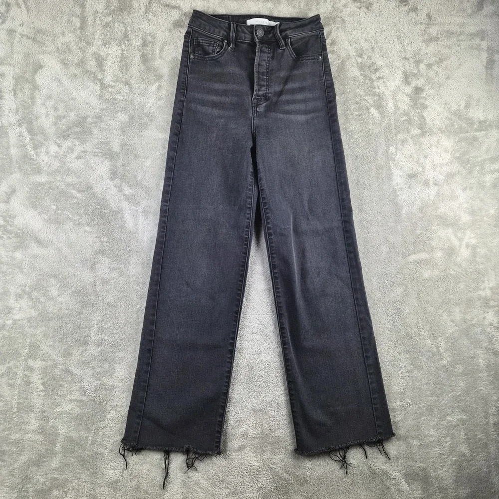 Hidden Wide Leg Jeans Women 24 Black Denim High Rise Button Fly Raw Hem Stretch